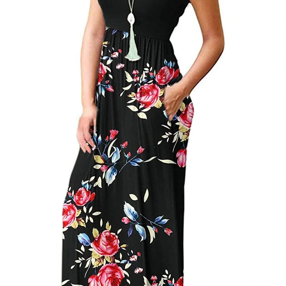 AUSELILY Women Short Sleeve Loose Plain Casual Long
Maxi Dresses with Pockets - Picture 4 of 5